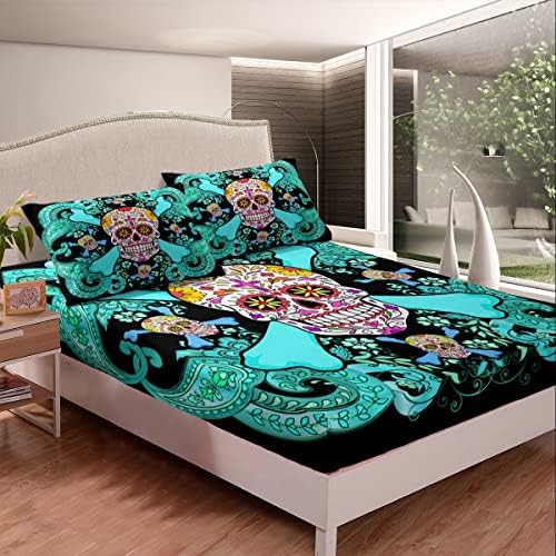 Conjuntos de cama de crânio de açúcar erosébrides gêmeos, lençóis boêmios de folha de lençóis góticos góticos exóticos de decoração de cama de cama colorida exótica