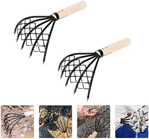 Doitool Squeegee Clam Rake 2pcs Ancas com malha líquida japonesa Rake 5-Tine Aço Clasming manuseio de casca escavador Dig Dird Seafood