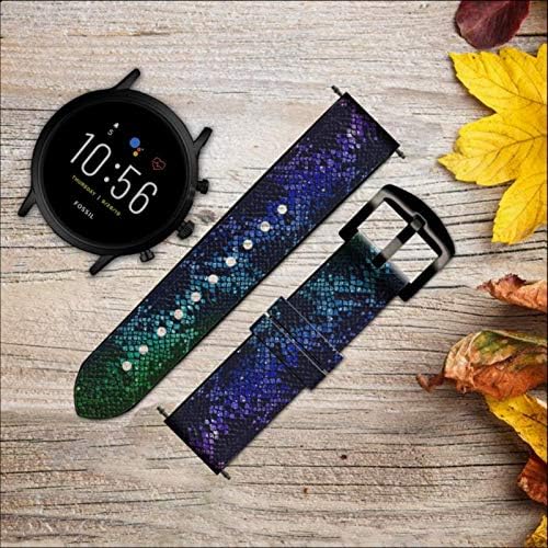 CA0676 Rainbow Python Python Skin Print Leather & Silicone Smart Watch Band Strap for Fossil Mens Gen 5e 5 4 Sport, Hybrid