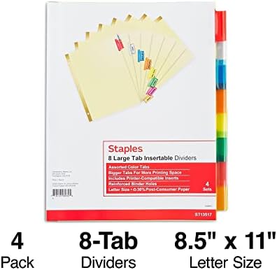 Staples Big Tab Divishers de papel inserível, conjunto de 8 tábuas, multicoloria, 4/pacote