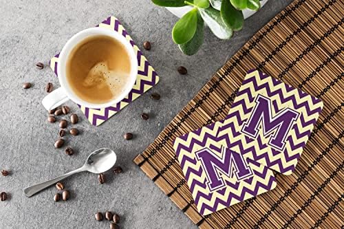 Tesouros de Caroline CJ1058-MFC MFC M Chevron Purple and Gold Coam Coaster Conjunto de 4, montanhas-russas de copos para montanha-russa interna e externa para proteção de mesa, anti-deslizamento, material da almofada de camundongo,