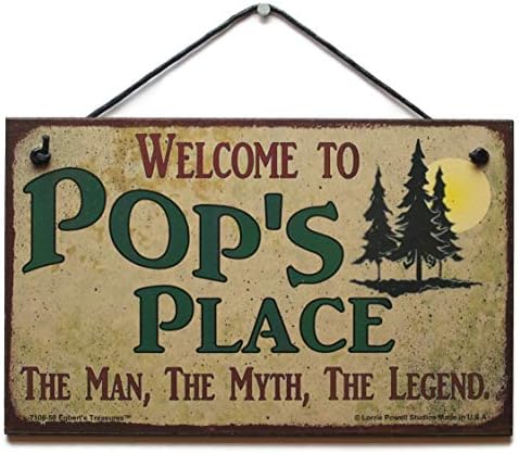 8x10 SILHE DE ESTILO Vintage com pinheiros dizendo Bem -vindo ao lugar de Pop, o homem, o mito, a lenda. Decorativa Diversão Universal