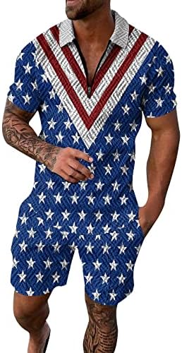 Camisa polo masculina e curta de 2 peças de 2 peças do Dia da Independência Roupas rápidas de roupas esportivas secas