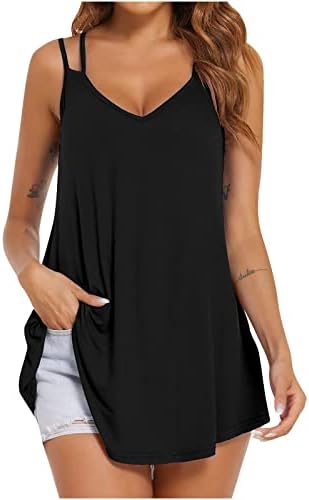 Tampas de tanque fluxo para mulheres camisetas de verão casuais Sexy V pescoço duplo ombro de ombro Cami Túnica