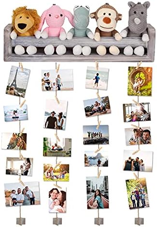 Satauko prateleiras flutuantes armazenamento para exibição de fotos penduradas, colagem de molduras de madeira com 24 clipes, decoração