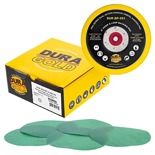 DURA -GOLD 5 FILME verde PSA Sanding Discs - 600 Grit & 5 Hook & Loop Da Sander Backing Plate Plaw
