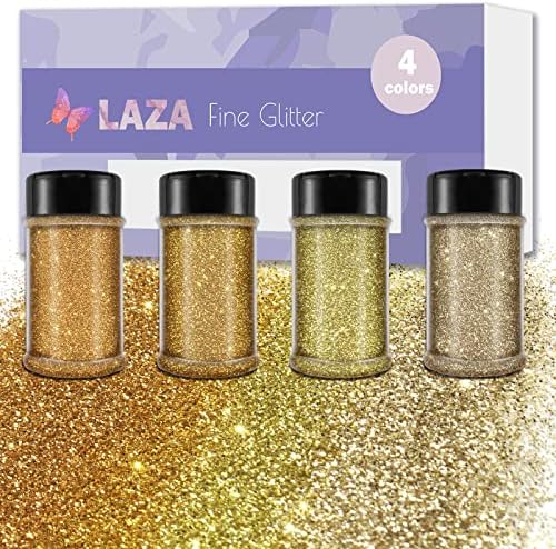 LAza Ultra Fine Glitter Powder, 4 cores de 320 ml de glitter artesanal, Pet Gold Pet Extra Fine Metallic Glitter