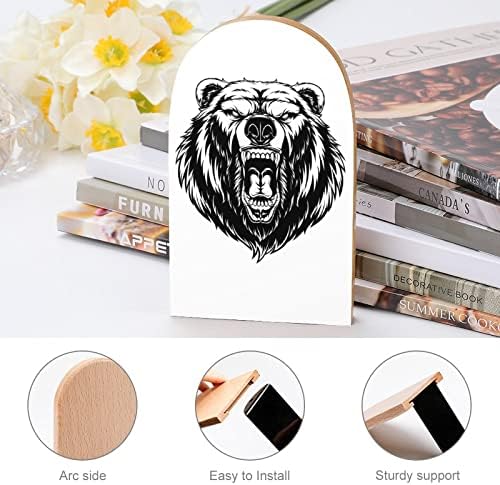 Cabeça um livro feroz de livros de ursos pardos e estampados decorativos de madeira de madeira para Shelve pack de 1 par