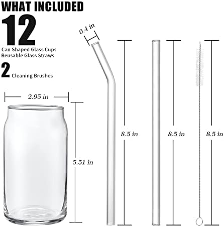 Rainforce Glass Copes Bebendo copos de 12 % de 12 oz de xícaras de vidro em forma de palha e escovas de cerveja de cerveja de vidro copos de copos de copos de vidro
