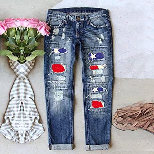 Calças Miashui para Mulheres Plus Size Mulheres Jeans Independência Imprimir Calças Rasgadas de Pantagens Longa