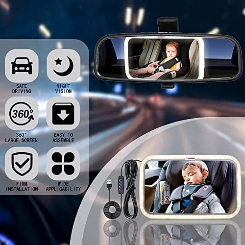 Itomoro Baby Car Mirror, Night Light Mirror com controle de precisão remota USB, ajuste de brilho de vários níveis, grande