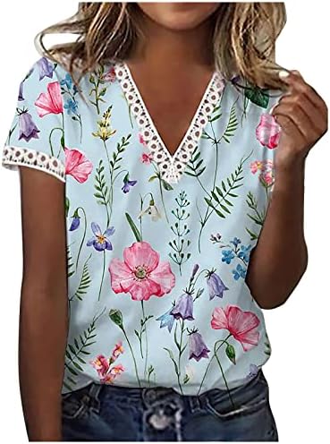 Mulheres Tops Florais Ladies Fashion Crochet Lace Trim decote em V-Shirt Camise