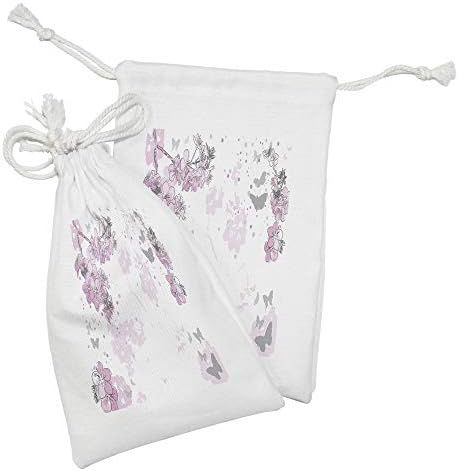 Ambesonne Almond Blossom Fabric bolsa conjunto de 2, pintura salpica fundo com composição de flores de mola de estilo de contorno, pequenas bolsas de cordão para máscaras e favores de higiene pessoal, 9 x 6, rosa e preto