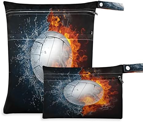 Volleyball Sport Ball Water Fire Bolsa seca molhada 2 com zíper, bolsa de fraldas de fraldas Bolsa de saco reutilizável à prova d'água