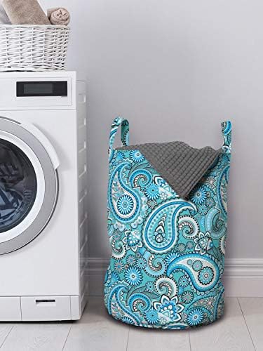 Bolsa de lavanderia azul pálida lunarável, elementos tradicionais Paisley Arte Persa Lágrima Motivos, cesta de cesto com alças