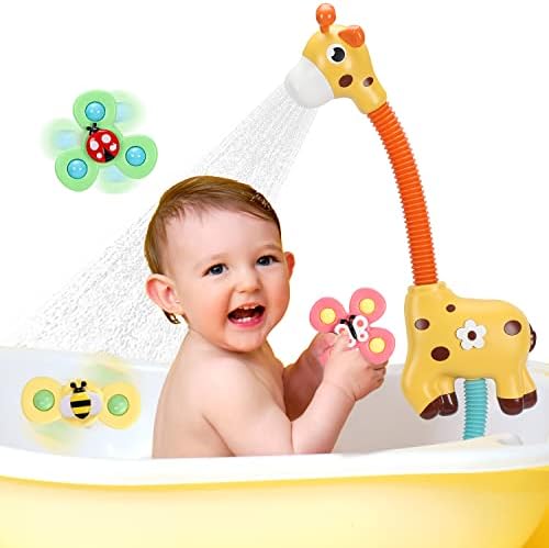 Brinquedos de banho de Clymene para crianças de 1 a 4 anos, bomba de água do chuveiro de girafas com 3 brinquedos de sucção para o máximo de banho de banho de banheira para bebês e crianças pequenas