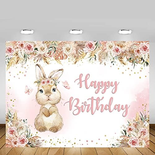 Mehofond Boho Floral Bunny Birthday for Girls Flores de cenário de coelho Dia da páscoa fotografia Background Birthday Birthday Banner
