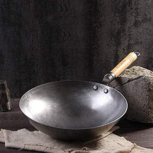 Mão forjou o Iron Wok, profissão chinesa tradicional wok pan house housewarware de cozinha com alças de madeira, sem