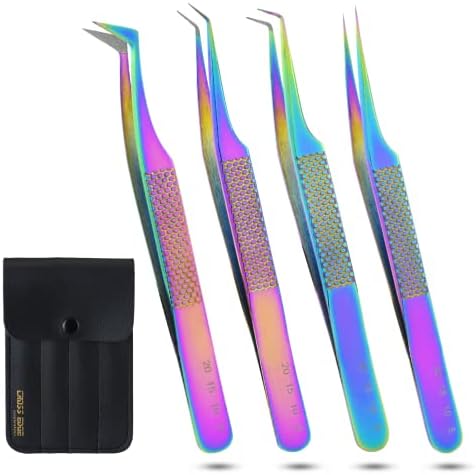 Minhas ferramentas de cílios - Tweezers de ponta de fibra para extensões de cílios Conjunto profissional de 4 isolamento, pinça de cílios curvos e de volume Conjunto de cílios de aço japonês