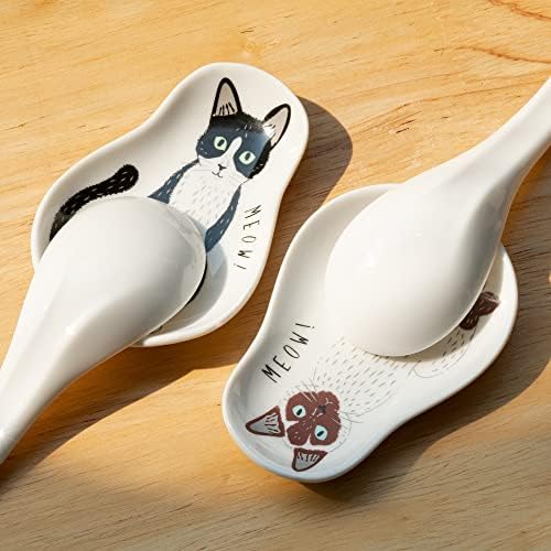 Linxuxie Ceramic estável a colher com padrão de gato fofo para o fogão, suporte para câmeras de solo de sola de porcelana para utensílios de porcelana para o balcão de cozinha decoração de mesa de jantar para amante de gatos