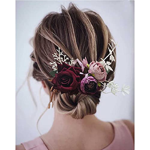 Shehamdy Bridal Wedding Hair Accessories Rose Borgonha Hair Pente para Noivas Cabeças de Cabeças de Cabelo Pedos Florais