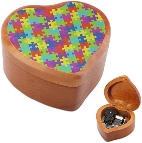 Caixa de música de madeira de madeira colorida Caixa musical em forma de coração estampado Caso para aniversário de aniversário