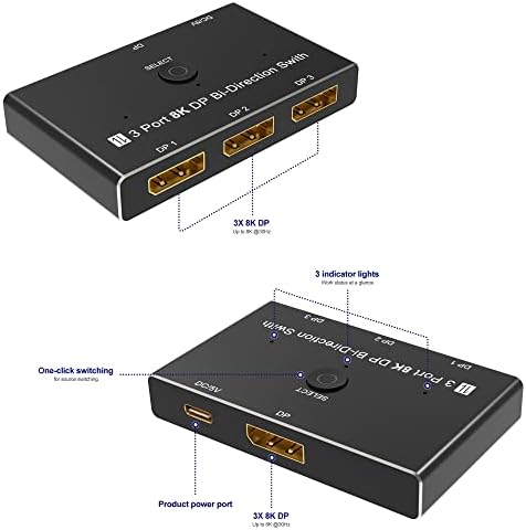 CableDeconn DisplayPort 8K DP 1.4 interruptor 3in 1out 1in 3out bi-direction 8k@30Hz 4K@144Hz Splitter Converter