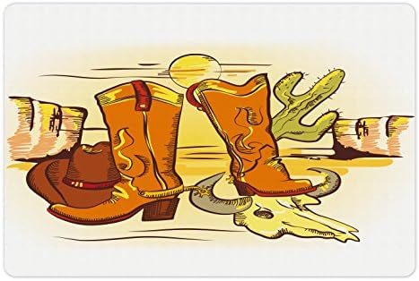 Tapete de estimação ocidental lunarable para comida e água, composição com acessórios de cowboy botas de chapéu no deserto quente,
