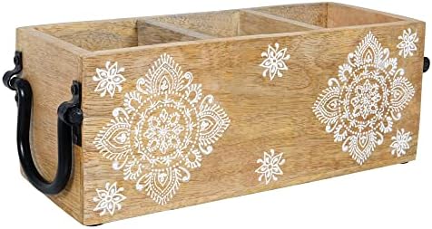 Suporte de utensílios de madeira dos artesãos mela para cozinha | 3 Compartimentos - Natural | Decoração de casa rústica