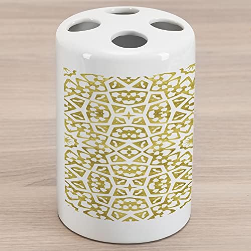 Suporte de escova de dentes cerâmica lunarável, design abstrato com motivos geométricos marroquinos orientais impressos de arte, bancada versátil decorativa para banheiro, 4,5 x 2,7, amarelo e branco