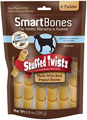 SmartBones recheado Twistz com manteiga de amendoim, mastigações sem couro cru para cães recheados com sabor de carne de