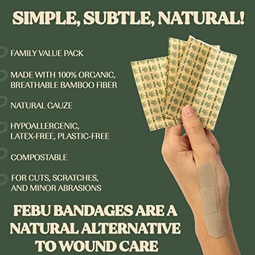 Febu Eco-amigável orgânico Bamboo Bandrages para pele sensível | Pacote de variedades em massa de 200 contagem | Bandagens hipoalergênicas gratuitas de látex para arranhões, cortes e primeiros socorros | Natural, compostável, flexível