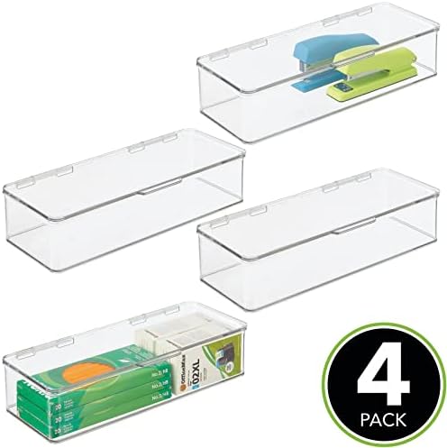 MDESIGN Long Plastic Home Office Storage Organizer Box Recipientes com tampa articulada para desktops - segura canetas,