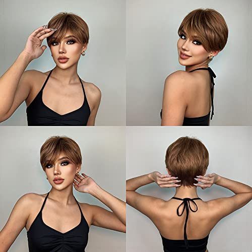 Allbell curto pixie cortada perucas marrons para mulheres negras mel marrom marrom em camadas sintéticas com franja