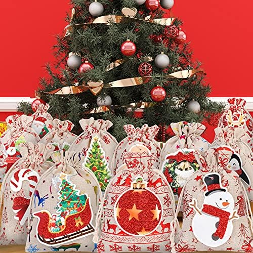 Conjunto de sacolas de seca de juta de Natal Zayvor, etiquetas de presente de Natal com barbante, bolsa de presente de linho de linho de linho de Natal, bolsas de boa tela com cordas com cordão de batida, festa de natal.