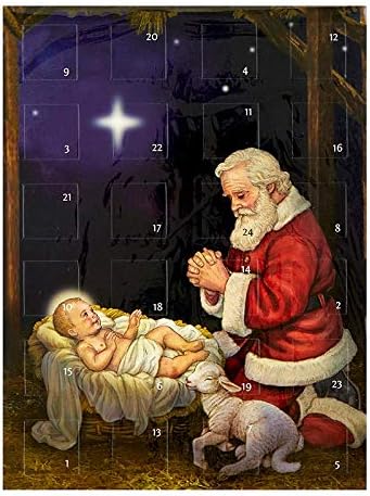 Adorando Papai Noel com o calendário do advento do menino Jesus para crianças, contagem regressiva de Natal, presentes cristãos