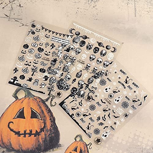 6 lençóis luminosos pregos brancos de halloween adesivos de arte, brilho em decalques de unhas de gato de pó de abordagem