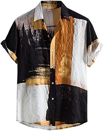 Camisas de linho de algodão masculinas 2022, Botão floral de manga curta de verão