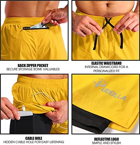 Pudolla Men's 2 em 1 shorts de corrida 7 Quick Dry Gym Athletic Shorts para homens com bolsos telefônicos