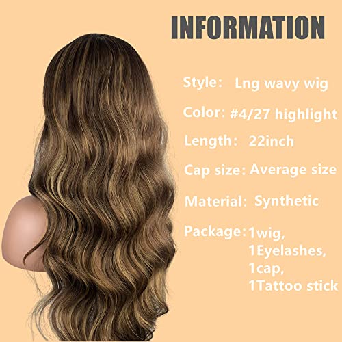 R&C Beauty 4/27 Destaque perucas para mulheres negras sintéticas de 180% de densidade de longa peruca ondulada Parte média de aparência natural resistente ao calor perucas （22 polegadas）