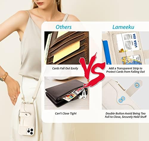 Lameeku Compatível com a caixa da carteira do iPhone 14 Pro, capa de telefone de couro com cinta para mulheres, carteira de estojo