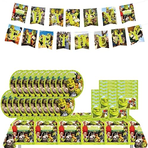 Shrek Party Supplies and Decorations, monstro de tabela de festas de aniversário de Shrek com bandeira de feliz aniversário, toalha