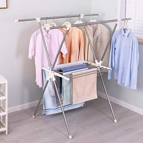 Hershii Rack de duas camadas de secagem x roupas de forma de forma aerador de roupas com toalhas/sapatos prateleiras de armazenamento