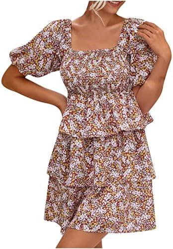 Vestidos de pescoço quadrado de verão feminino vestidos de manga curta estampa floral plufle mini vestido casual flowy swing praia