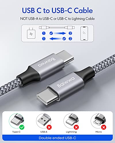 Baiwwa USB C a USB C CABO [2-PACO, 3,3 pés], 60W PD 3.0 Super Fast Charge Tipo C Cabo de carregamento trançado para