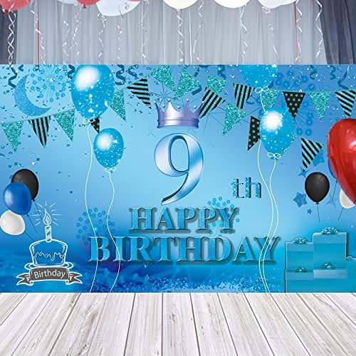 Feliz 9º aniversário Banner Blue Blue 9th placar Poster 9 de festas de aniversário Supplies para fotografia de fotografia de aniversário