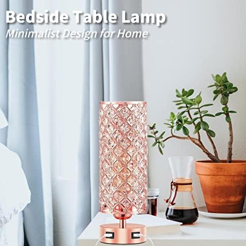 Brabola Crystal Table Lamps, lâmpada de mesa de toque de ouro rosa Lâmpada rosa de cabeceira com 2 USB Carregamento porto noturno