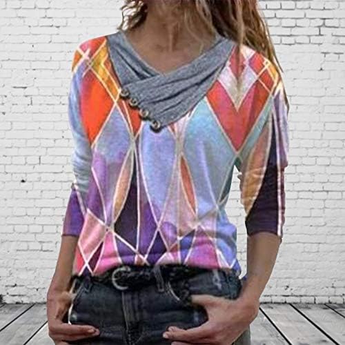 Narhbrg Women / Camisetas de tee de pescoço, 2022 Botões de impressão geométrica de moda feminina