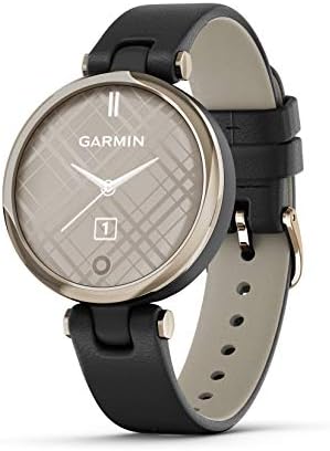 Garmin Lily ™, pequeno smartwatch com tela sensível ao toque e lente estampada, ouro claro com banda de couro preto, 1 polegada