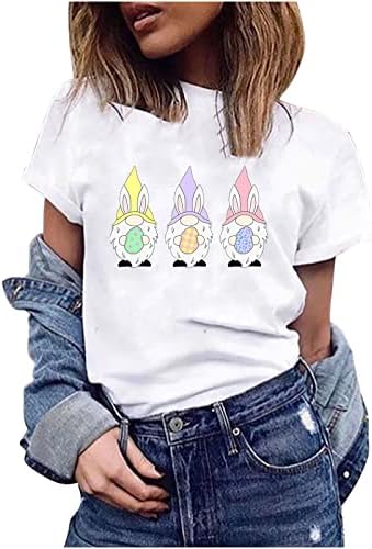 Gnomos fofos ovos impressos Camisetas de páscoa para mulheres Camiseta gráfica engraçada T-shirt O-G-GELE CURTO TOPS DE SUMPLE